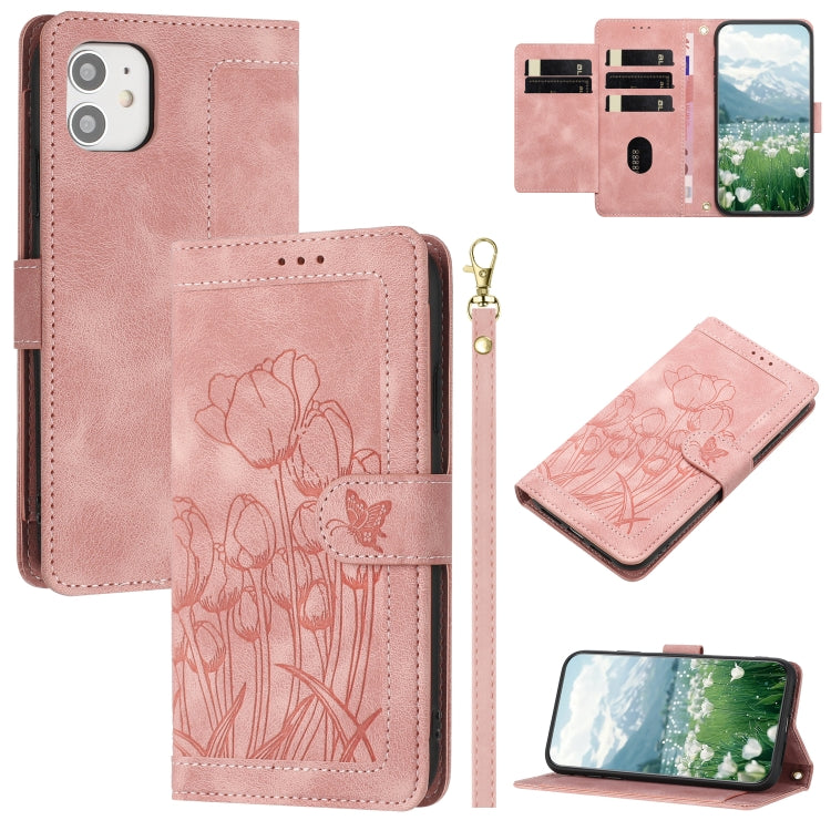 Tulips Embossed Leather Phone Case with Lanyard, For iPhone 12 mini, For iPhone 11 Pro Max, For iPhone 11, For iPhone 11 Pro