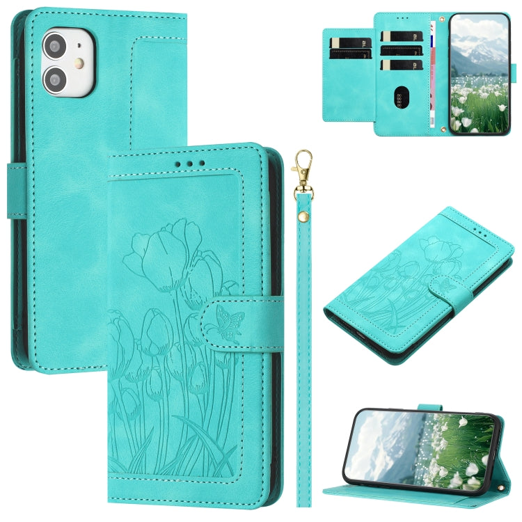 Tulips Embossed Leather Phone Case with Lanyard, For iPhone 12 mini, For iPhone 11 Pro Max, For iPhone 11, For iPhone 11 Pro
