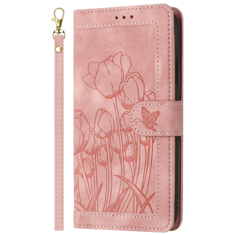 Tulips Embossed Leather Phone Case with Lanyard, For iPhone XS / X, For iPhone XR, For iPhone XS Max, For iPhone 8 Plus / 7 Plus