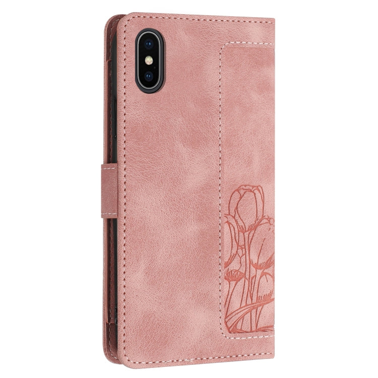 Tulips Embossed Leather Phone Case with Lanyard, For iPhone XS / X, For iPhone XR, For iPhone XS Max, For iPhone 8 Plus / 7 Plus
