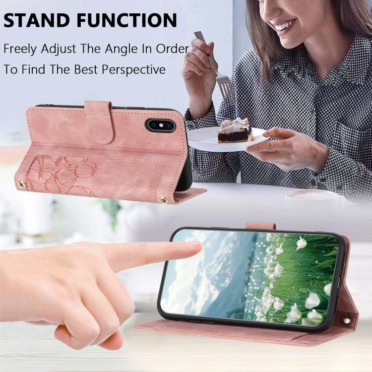 Tulips Embossed Leather Phone Case with Lanyard, For iPhone XS / X, For iPhone XR, For iPhone XS Max, For iPhone 8 Plus / 7 Plus