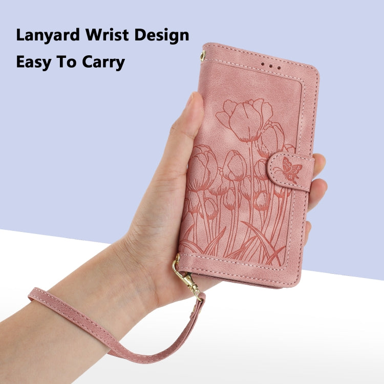 Tulips Embossed Leather Phone Case with Lanyard, For iPhone XS / X, For iPhone XR, For iPhone XS Max, For iPhone 8 Plus / 7 Plus