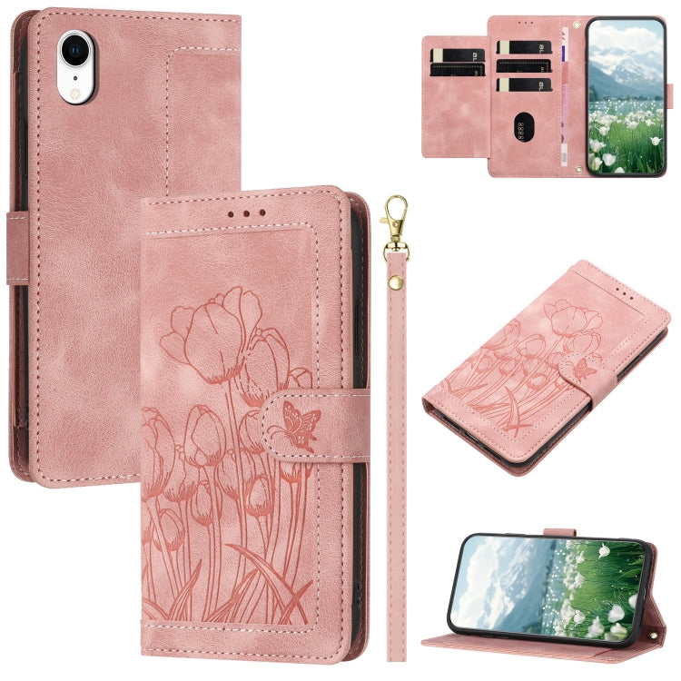 Tulips Embossed Leather Phone Case with Lanyard, For iPhone XS / X, For iPhone XR, For iPhone XS Max, For iPhone 8 Plus / 7 Plus