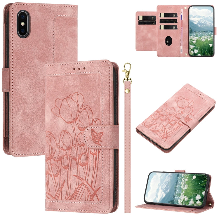 Tulips Embossed Leather Phone Case with Lanyard, For iPhone XS / X, For iPhone XR, For iPhone XS Max, For iPhone 8 Plus / 7 Plus