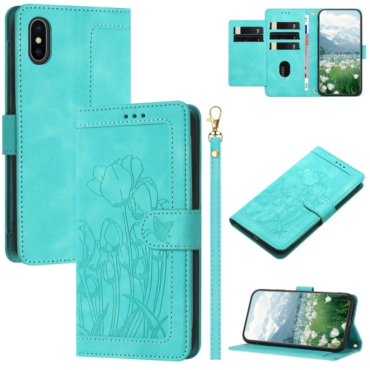 Tulips Embossed Leather Phone Case with Lanyard, For iPhone XS / X, For iPhone XR, For iPhone XS Max, For iPhone 8 Plus / 7 Plus