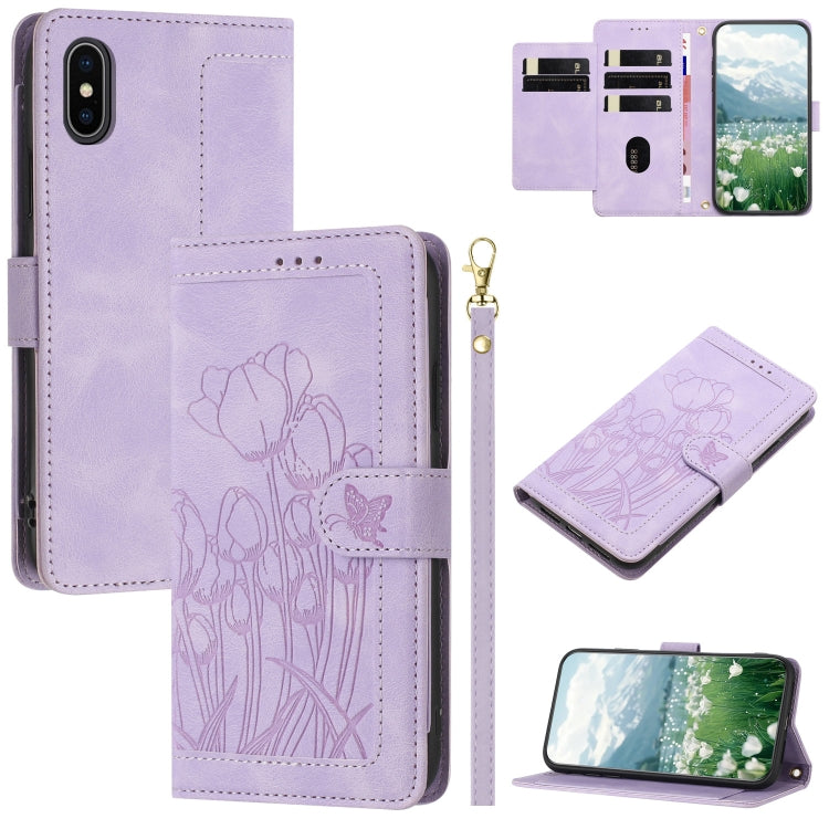 Tulips Embossed Leather Phone Case with Lanyard, For iPhone XS / X, For iPhone XR, For iPhone XS Max, For iPhone 8 Plus / 7 Plus