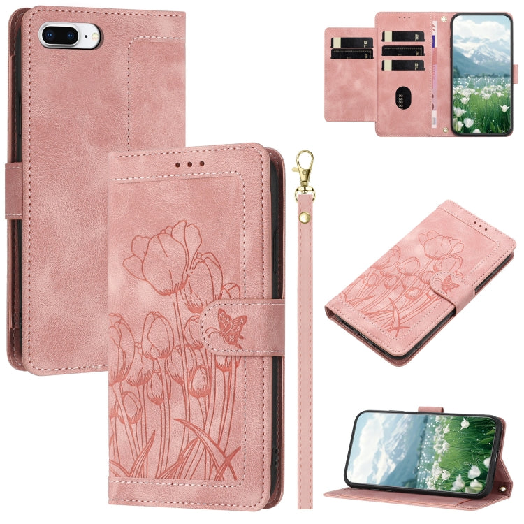 Tulips Embossed Leather Phone Case with Lanyard, For iPhone XS / X, For iPhone XR, For iPhone XS Max, For iPhone 8 Plus / 7 Plus