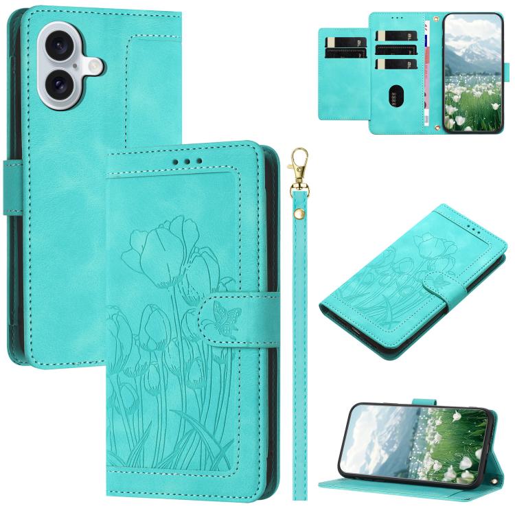 Tulips Embossed Leather Phone Case with Lanyard, For iPhone 17 Pro Max, For iPhone 17 Pro, For iPhone 17, For iPhone 17 Air