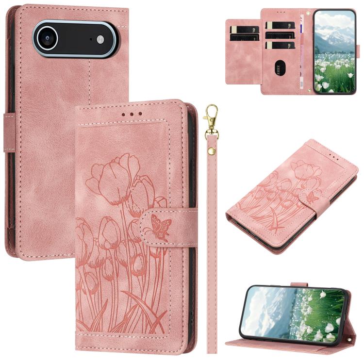 Tulips Embossed Leather Phone Case with Lanyard, For iPhone 17 Pro Max, For iPhone 17 Pro, For iPhone 17, For iPhone 17 Air