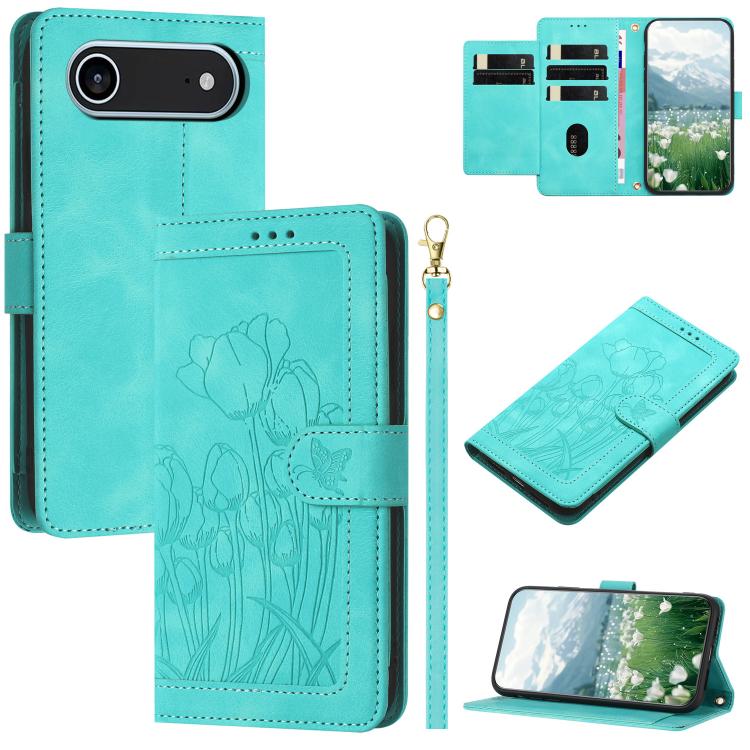 Tulips Embossed Leather Phone Case with Lanyard, For iPhone 17 Pro Max, For iPhone 17 Pro, For iPhone 17, For iPhone 17 Air
