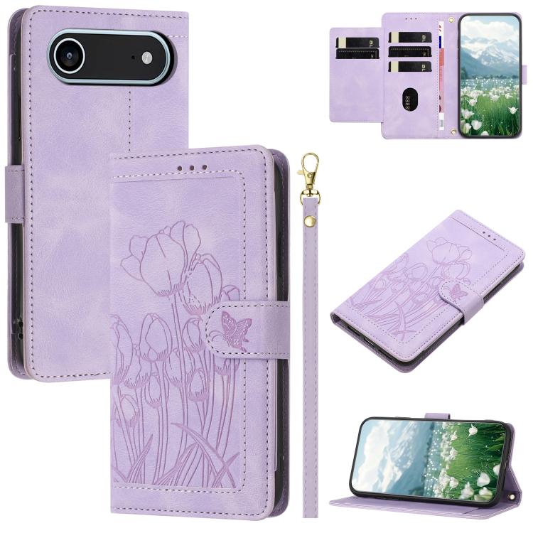 Tulips Embossed Leather Phone Case with Lanyard, iPhone 16e, For iPhone 16 Pro Max, For iPhone 16 Pro, For iPhone 16 Plus