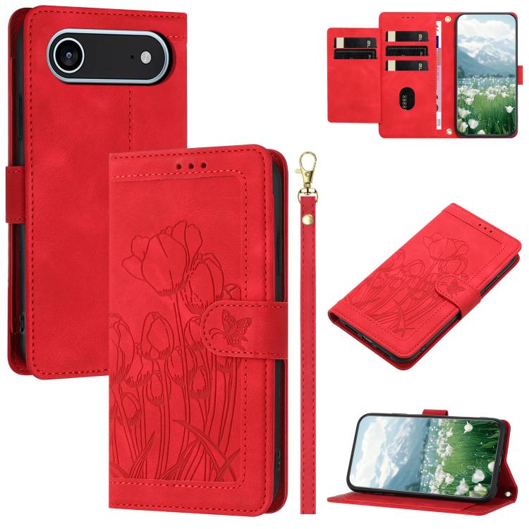 Tulips Embossed Leather Phone Case with Lanyard, For iPhone 17 Pro Max, For iPhone 17 Pro, For iPhone 17, For iPhone 17 Air