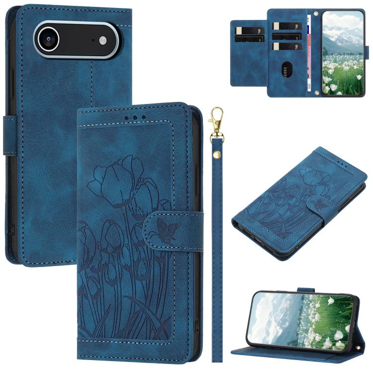 Tulips Embossed Leather Phone Case with Lanyard, iPhone 16e, For iPhone 16 Pro Max, For iPhone 16 Pro, For iPhone 16 Plus