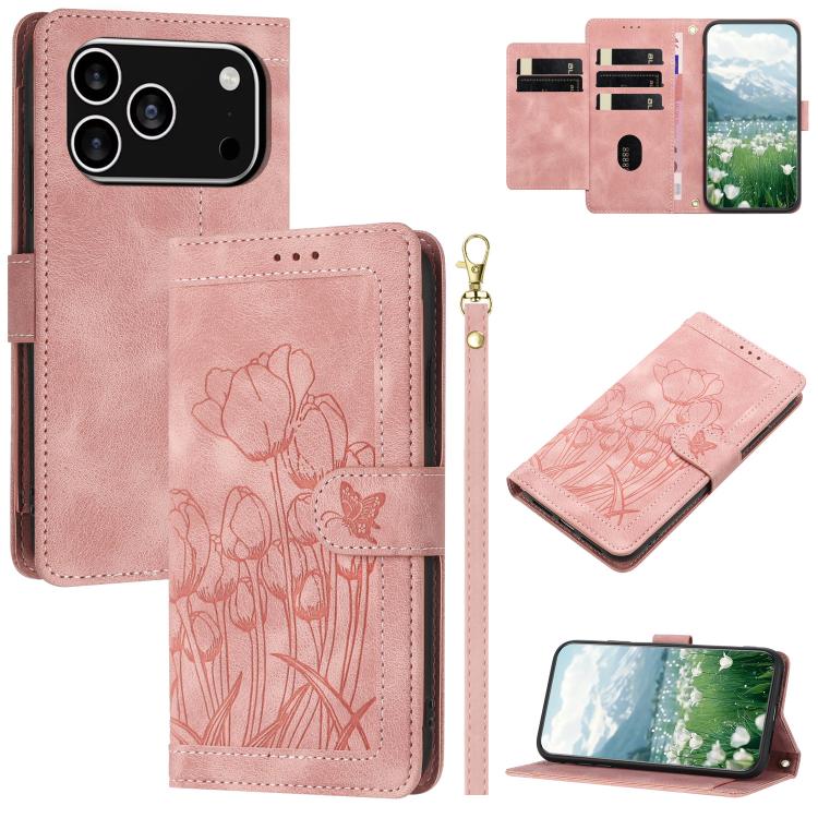 Tulips Embossed Leather Phone Case with Lanyard, For iPhone 17 Pro Max, For iPhone 17 Pro, For iPhone 17, For iPhone 17 Air