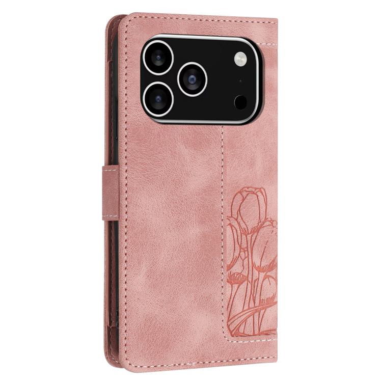 Tulips Embossed Leather Phone Case with Lanyard, For iPhone 17 Pro Max, For iPhone 17 Pro, For iPhone 17, For iPhone 17 Air