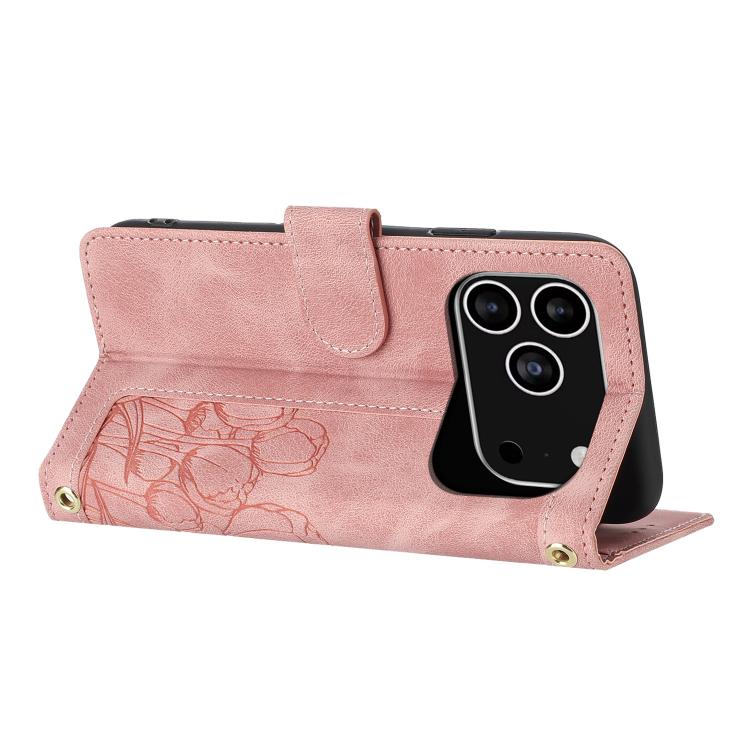 Tulips Embossed Leather Phone Case with Lanyard, For iPhone 17 Pro Max, For iPhone 17 Pro, For iPhone 17, For iPhone 17 Air