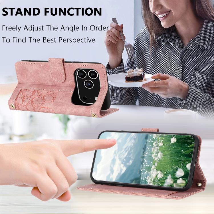Tulips Embossed Leather Phone Case with Lanyard, For iPhone 17 Pro Max, For iPhone 17 Pro, For iPhone 17, For iPhone 17 Air