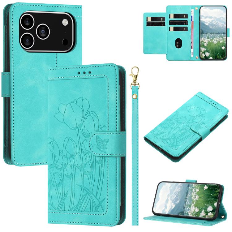 Tulips Embossed Leather Phone Case with Lanyard, For iPhone 17 Pro Max, For iPhone 17 Pro, For iPhone 17, For iPhone 17 Air