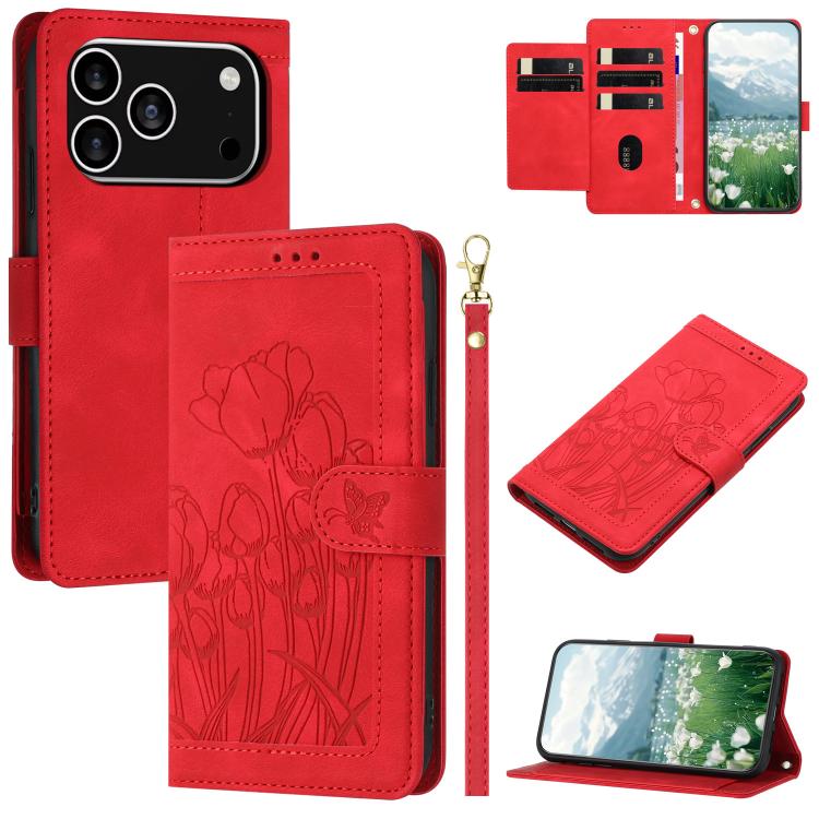 Tulips Embossed Leather Phone Case with Lanyard, For iPhone 17 Pro Max, For iPhone 17 Pro, For iPhone 17, For iPhone 17 Air
