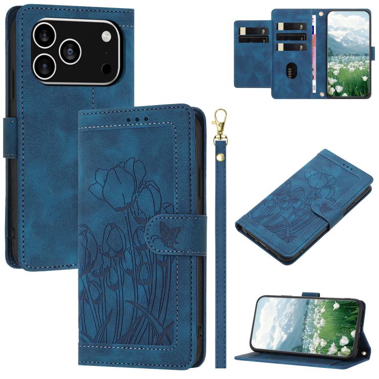 Tulips Embossed Leather Phone Case with Lanyard, For iPhone 17 Pro Max, For iPhone 17 Pro, For iPhone 17, For iPhone 17 Air