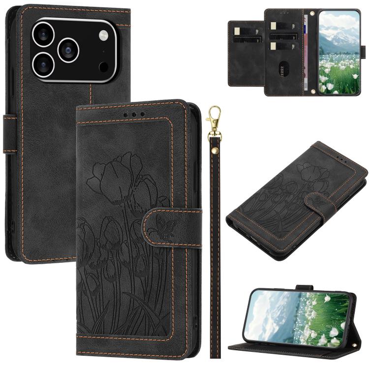 Tulips Embossed Leather Phone Case with Lanyard, For iPhone 17 Pro Max, For iPhone 17 Pro, For iPhone 17, For iPhone 17 Air