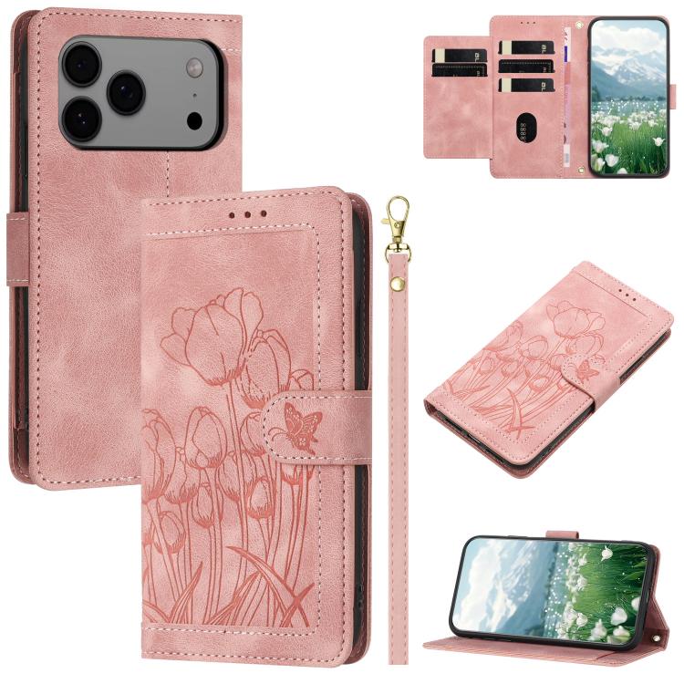 Tulips Embossed Leather Phone Case with Lanyard, For iPhone 17 Pro Max, For iPhone 17 Pro, For iPhone 17, For iPhone 17 Air