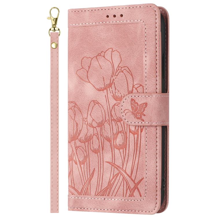 Tulips Embossed Leather Phone Case with Lanyard, For iPhone 17 Pro Max, For iPhone 17 Pro, For iPhone 17, For iPhone 17 Air