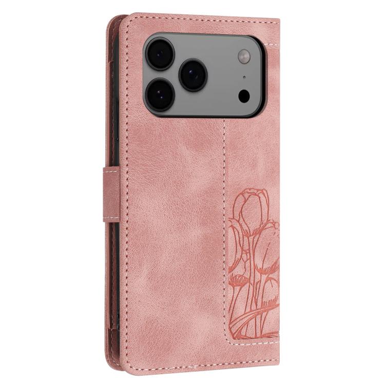 Tulips Embossed Leather Phone Case with Lanyard, For iPhone 17 Pro Max, For iPhone 17 Pro, For iPhone 17, For iPhone 17 Air