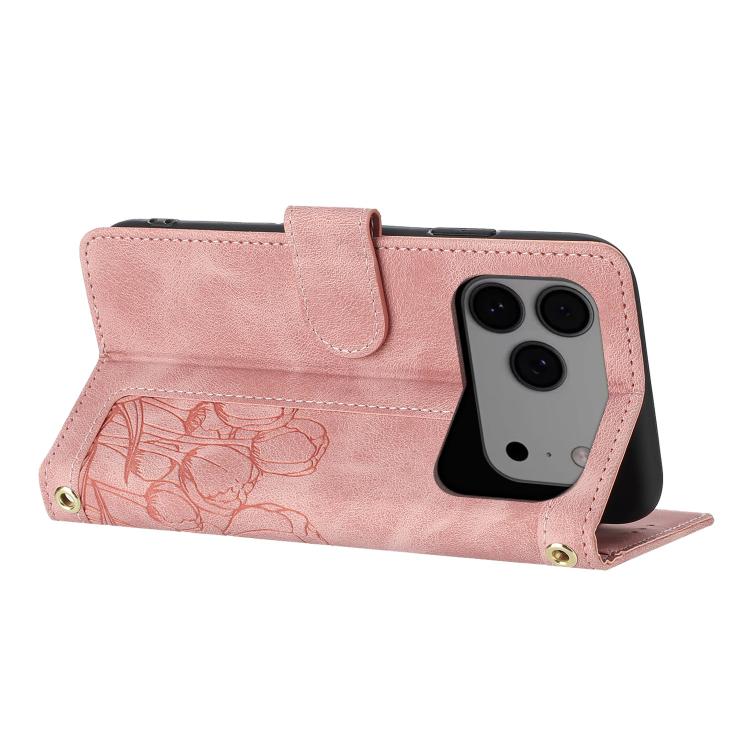 Tulips Embossed Leather Phone Case with Lanyard, For iPhone 17 Pro Max, For iPhone 17 Pro, For iPhone 17, For iPhone 17 Air