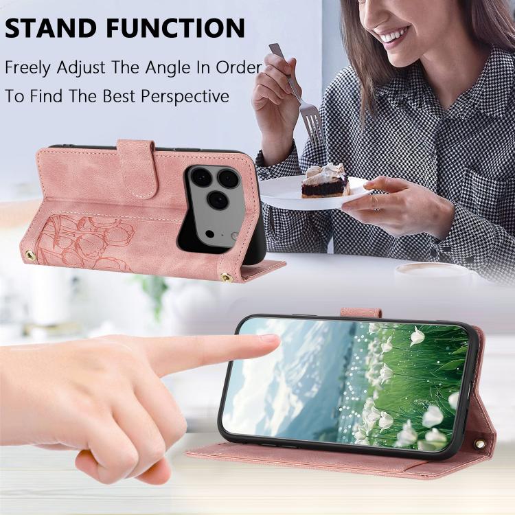 Tulips Embossed Leather Phone Case with Lanyard, For iPhone 17 Pro Max, For iPhone 17 Pro, For iPhone 17, For iPhone 17 Air
