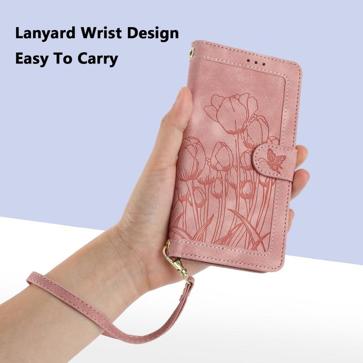 Tulips Embossed Leather Phone Case with Lanyard, For iPhone 17 Pro Max, For iPhone 17 Pro, For iPhone 17, For iPhone 17 Air