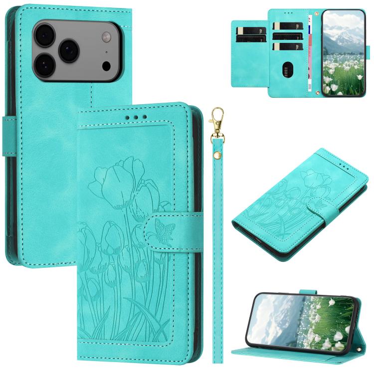 Tulips Embossed Leather Phone Case with Lanyard, For iPhone 17 Pro Max, For iPhone 17 Pro, For iPhone 17, For iPhone 17 Air