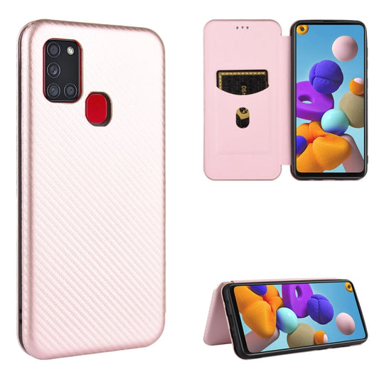 Carbon fiber Samsung Galaxy A21s case with magnetic flip closure and card slot