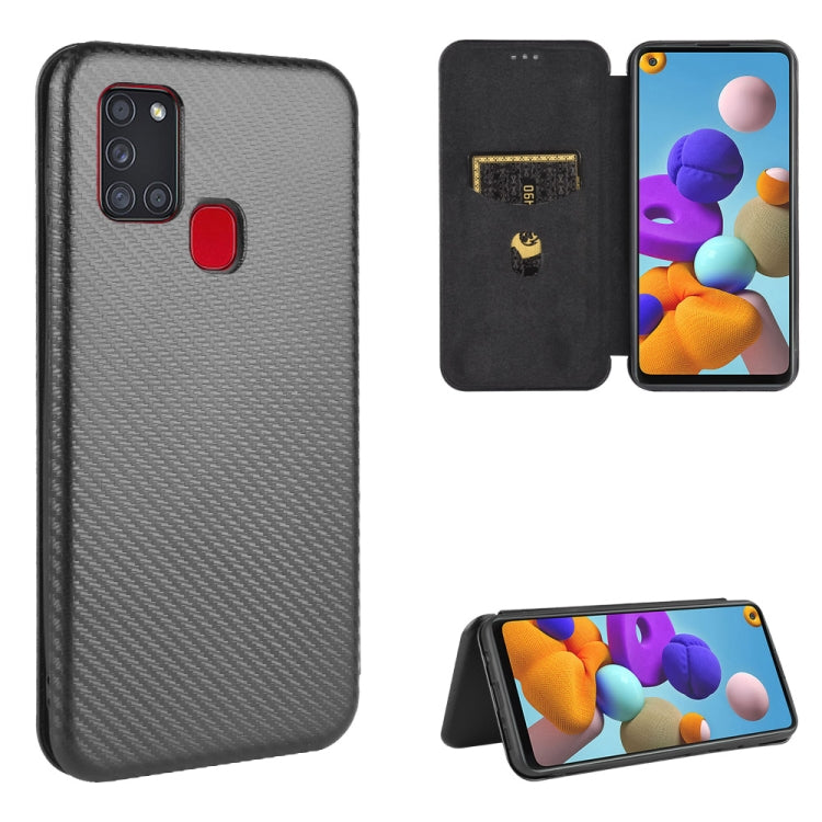 Carbon Fiber Texture Magnetic Horizontal Flip TPU + PC + PU Leather Case with Card Slot, For Samsung Galaxy A21s