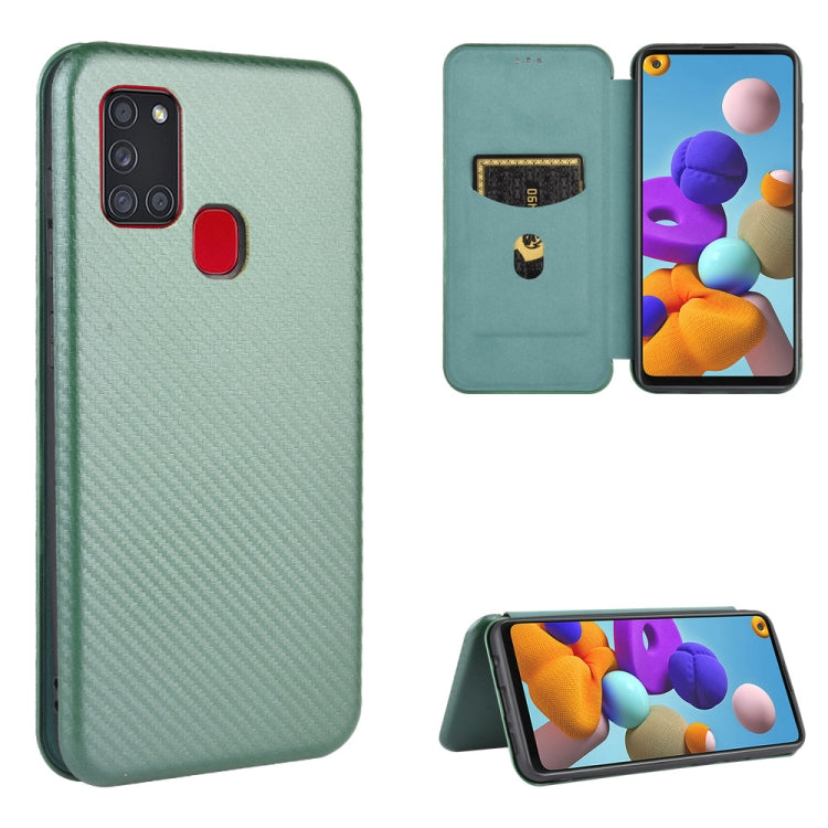 Carbon Fiber Texture Magnetic Horizontal Flip TPU + PC + PU Leather Case with Card Slot, For Samsung Galaxy A21s