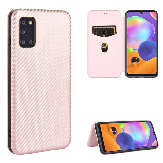 Carbon fiber texture Samsung Galaxy A31 A41 case with magnetic flip and card slot