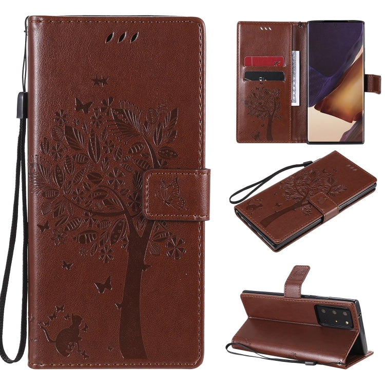 Tree & Cat Pattern Pressed Printing Horizontal Flip PU Leather Case with Holder & Card Slots & Wallet & Lanyard, For Galaxy Note20, For =Galaxy Note20, For Galaxy Note20 Ultra