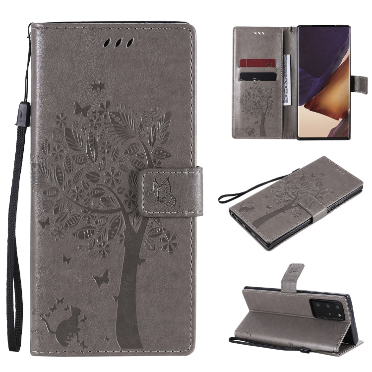 Tree & Cat Pattern Pressed Printing Horizontal Flip PU Leather Case with Holder & Card Slots & Wallet & Lanyard, For Galaxy Note20, For =Galaxy Note20, For Galaxy Note20 Ultra