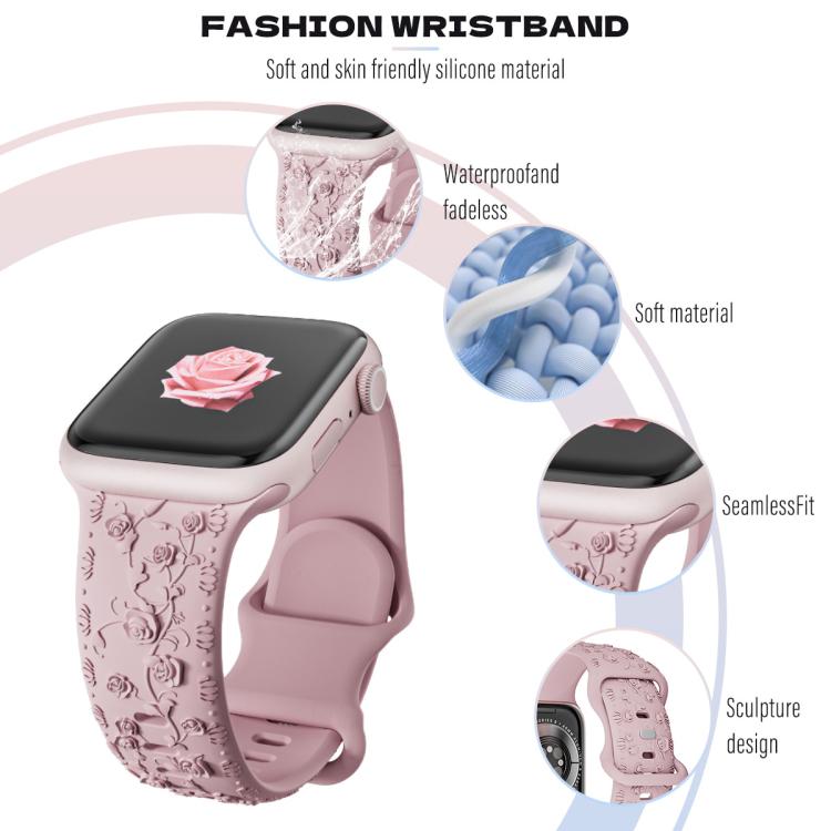 Embossed 3D Rose Flower Silicone Watch Band, For Apple Watch 46mm / 49mm / 45mm / 44mm