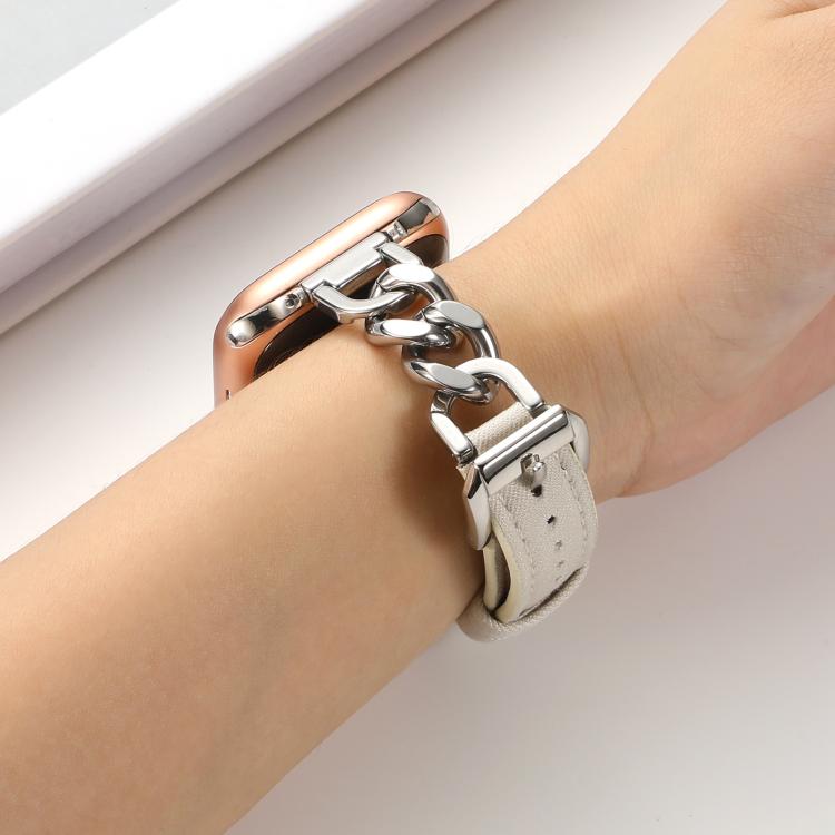 Metal Chain Leather Denim Watch Band, For Apple Watch 46mm / 49mm / 45mm / 44mm, For Apple Watch 42mm / 41mm / 40mm / 38mm
