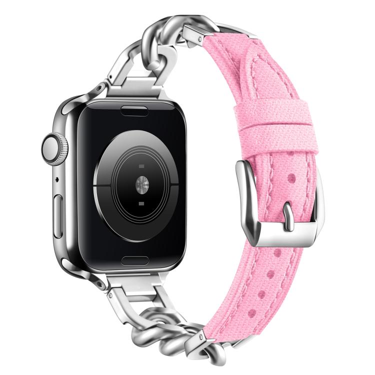 Metal Chain Leather Denim Watch Band, For Apple Watch 46mm / 49mm / 45mm / 44mm, For Apple Watch 42mm / 41mm / 40mm / 38mm