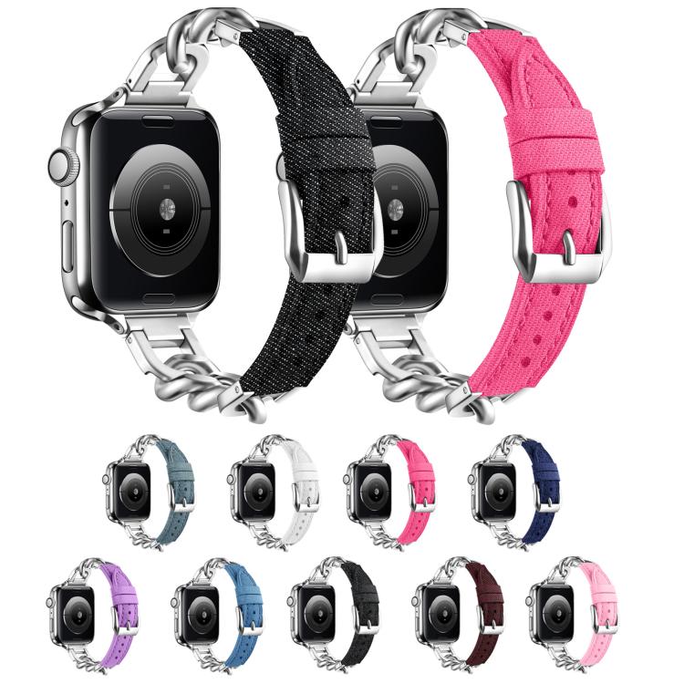 Metal Chain Leather Denim Watch Band, For Apple Watch 46mm / 49mm / 45mm / 44mm, For Apple Watch 42mm / 41mm / 40mm / 38mm
