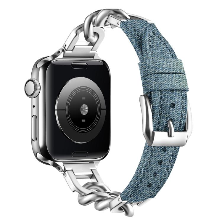 Metal Chain Leather Denim Watch Band, For Apple Watch 46mm / 49mm / 45mm / 44mm, For Apple Watch 42mm / 41mm / 40mm / 38mm