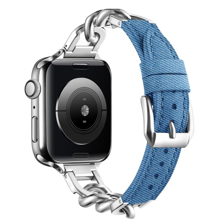 Metal Chain Leather Denim Watch Band, For Apple Watch 46mm / 49mm / 45mm / 44mm, For Apple Watch 42mm / 41mm / 40mm / 38mm