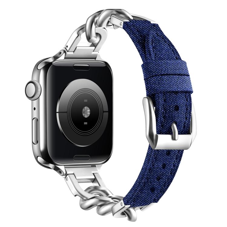 Metal Chain Leather Denim Watch Band, For Apple Watch 46mm / 49mm / 45mm / 44mm, For Apple Watch 42mm / 41mm / 40mm / 38mm