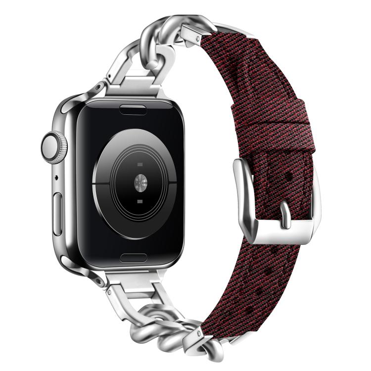 Metal Chain Leather Denim Watch Band, For Apple Watch 46mm / 49mm / 45mm / 44mm, For Apple Watch 42mm / 41mm / 40mm / 38mm