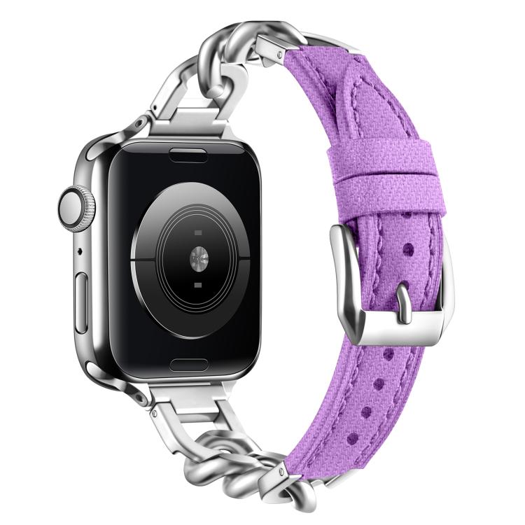 Metal Chain Leather Denim Watch Band, For Apple Watch 46mm / 49mm / 45mm / 44mm, For Apple Watch 42mm / 41mm / 40mm / 38mm
