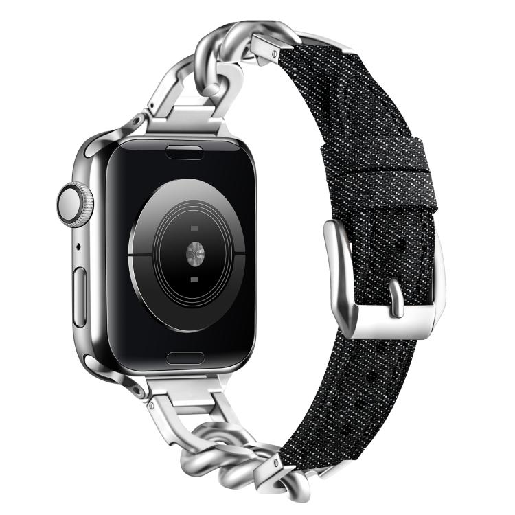 Metal Chain Leather Denim Watch Band, For Apple Watch 46mm / 49mm / 45mm / 44mm, For Apple Watch 42mm / 41mm / 40mm / 38mm