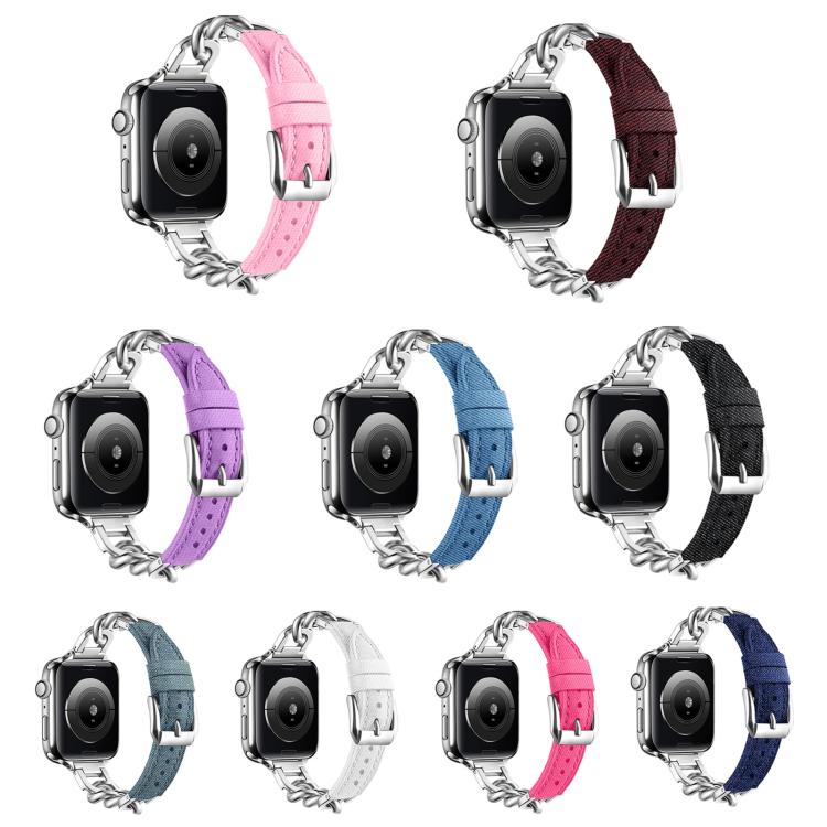 Metal Chain Leather Denim Watch Band, For Apple Watch 46mm / 49mm / 45mm / 44mm, For Apple Watch 42mm / 41mm / 40mm / 38mm