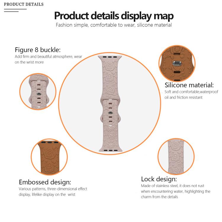 Kalebol 8-shaped Buckle Rose Embossed Silicone Watch Band, For Apple Watch 46mm / 49mm / 45mm / 44mm